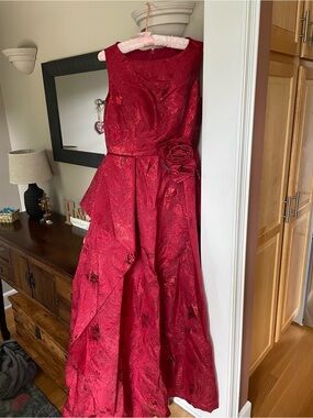 Red Floral Jacquard Maxi Dress with Rosette Detail